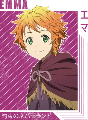 Hình ảnh nhân vật Emma trong anime The Promised Neverland, tóc vàng cam, mắt xanh lá, mặc áo choàng tím, phong cách anime.