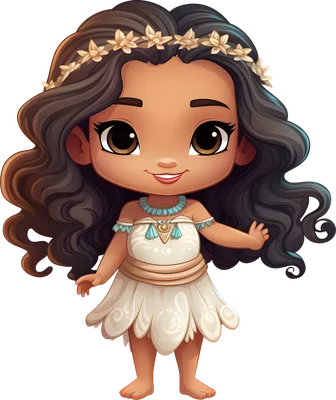 Hình ảnh công chúa Moana phiên bản chibi với tóc xoăn, vòng hoa và trang phục truyền thống, nền xám.