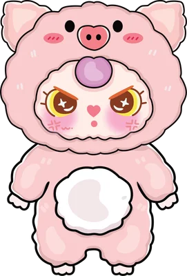 Hình vẽ hoạt hình chibi một nhân vật nhỏ nhắn đội mũ hình heo màu hồng, với biểu cảm giận dỗi đáng yêu.