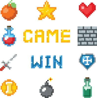 Bộ sưu tập icon game pixel art bao gồm chữ GAME WIN, trái tim đỏ, kiếm, bom, bình thuốc, viên kim cương, đồng xu, quả cam và tường gạch.