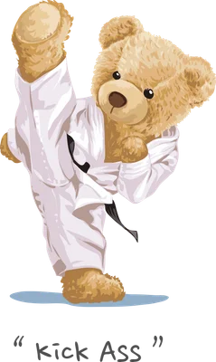 Hình vẽ gấu bông màu nâu mặc võ phục karate trắng đai đen đang thực hiện cú đá cao, có chữ "kick Ass" bên dưới.