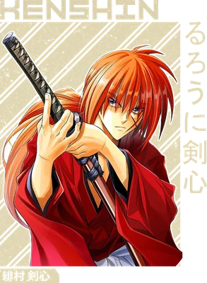 Hình ảnh Kenshin Himura, nhân vật anime với tóc đỏ, mặc áo đỏ, cầm kiếm.