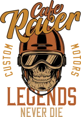 Hình minh họa đầu lâu đội mũ bảo hiểm cổ điển với dòng chữ Cafe Racer Legends Never Die