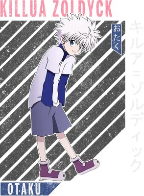 Hình vẽ nhân vật Killua Zoldyck từ anime Hunter x Hunter, mặc áo trắng xanh, quần tím, giày tím, với chữ "KILLUA ZOLDYCK" và chữ Nhật.
