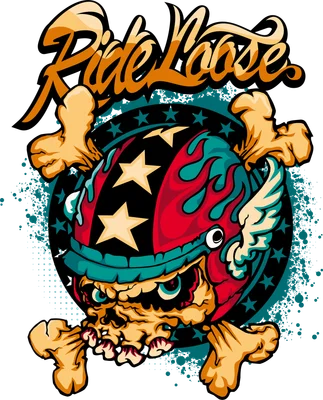 Hình minh họa đầu lâu đội mũ bảo hiểm có cánh và chữ Ride Loose phong cách đường phố