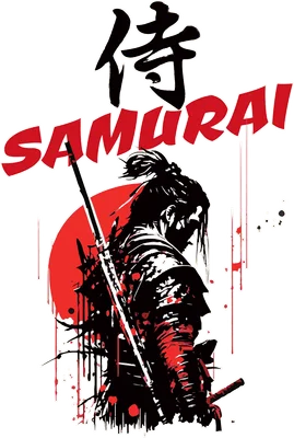 Hình ảnh chiến binh Samurai mặc giáp, cầm kiếm, với biểu tượng mặt trời đỏ và chữ Samurai.
