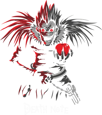Hình vẽ Ryuk từ Death Note cầm một quả táo đỏ, với mái tóc và lông vũ màu đỏ và xám.