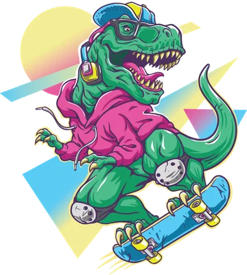 Hình minh họa khủng long T-Rex xanh lá đội mũ, đeo kính, tai nghe, mặc áo hoodie hồng, trượt ván.