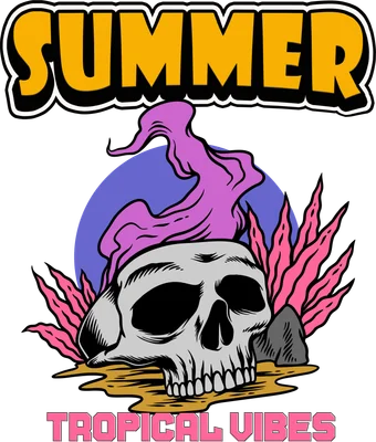Hình ảnh đầu lâu với dòng chữ "Summer Tropical Vibes" và các yếu tố nhiệt đới, phong cách retro.