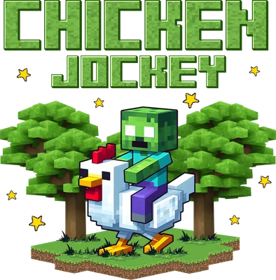 Hình ảnh zombie Minecraft cưỡi gà, với cây cối và cỏ xung quanh, chữ 'CHICKEN JOCKEY' phía trên.