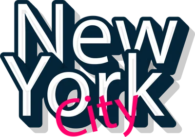 Chữ New York City với font chữ lớn, màu trắng viền xanh navy, chữ 'City' màu hồng nổi bật.