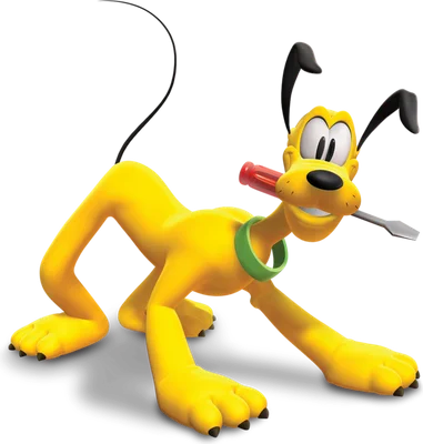 Chú chó Pluto màu vàng của Disney đang ngậm tua vít đỏ, tai đen, vòng cổ xanh lá, trên nền xám.