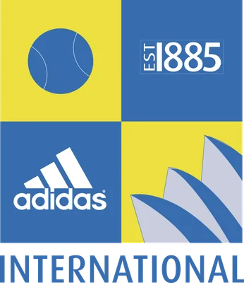 Logo Adidas kết hợp hình ảnh quả bóng tennis, năm thành lập 1885 và Nhà hát Sydney.
