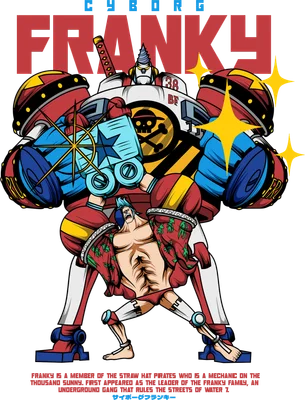 Hình ảnh Franky người máy từ One Piece với cơ bắp cuồn cuộn và bộ giáp robot màu đỏ, trắng, xanh.