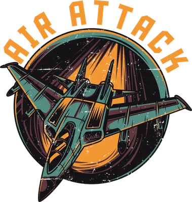 Hình minh họa máy bay chiến đấu "Air Attack" với phong cách retro, màu sắc nổi bật, trên nền xám.
