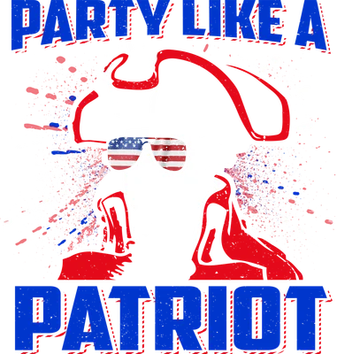 Hình minh họa George Washington đội mũ ba sừng, đeo kính râm cờ Mỹ, với chữ 'PARTY LIKE A PATRIOT' và hiệu ứng bắn sơn đỏ xanh.