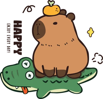 Hình minh họa capybara dễ thương đội quả quýt trên đầu, ngồi trên lưng cá sấu hoạt hình màu xanh lá cây. Có chữ 'HAPPY ENJOY EVERY DAY!'