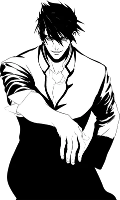 Hình vẽ anime chàng trai mặc vest, tóc vuốt ngược, ánh mắt sắc sảo, tạo dáng lịch lãm.