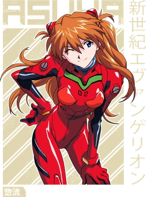 Hình ảnh Asuka Langley Soryu trong bộ đồ Eva màu đỏ, nháy mắt với biểu cảm tự tin.