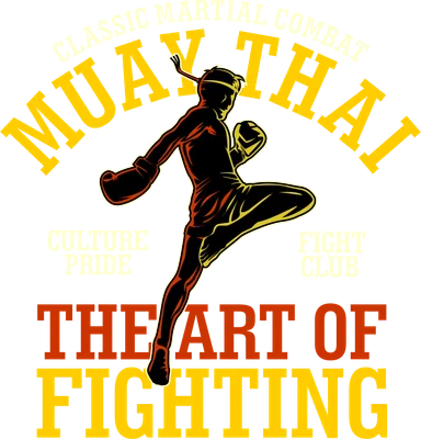 Hình ảnh vector võ sĩ Muay Thai đang tung đòn mạnh mẽ, với các dòng chữ về võ thuật và tinh thần chiến đấu trên nền xám.