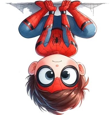 Hình minh họa Người Nhện chibi với đôi mắt to tròn, treo ngược người và mỉm cười, trang phục đỏ xanh đặc trưng.