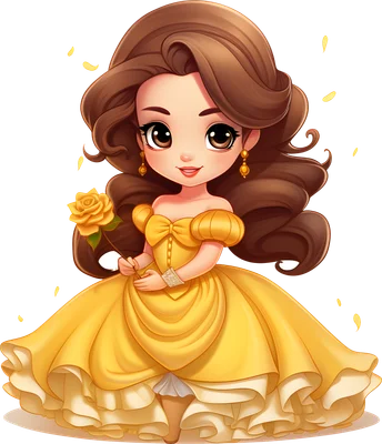 Hình vẽ công chúa Belle phiên bản chibi đáng yêu trong chiếc váy dạ hội màu vàng rực rỡ, tay cầm một bông hồng vàng.