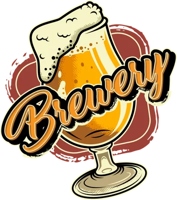 Hình minh họa ly bia vàng với bọt trắng và chữ Brewery phong cách cổ điển