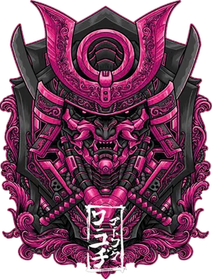 Hình ảnh mặt nạ Samurai với tông màu hồng và đen, thiết kế chi tiết, phong cách cyberpunk.
