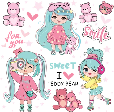 Hình ảnh minh họa phong cách chibi với các cô gái tóc xanh, gấu bông hồng, trái tim và các ngôi sao trên nền xám.