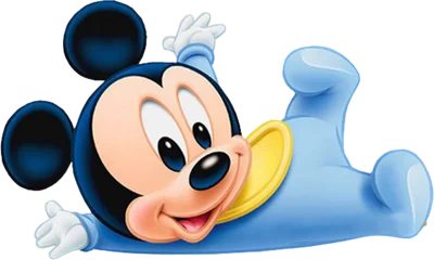 Hình ảnh chuột Mickey bé con mặc bộ đồ liền thân màu xanh dương nhạt, nằm ngửa, mỉm cười đáng yêu.