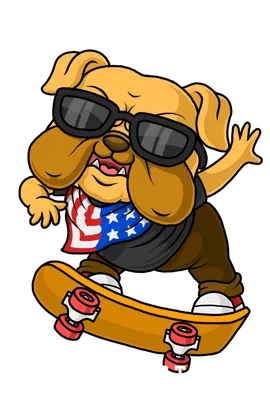 Hình vẽ hoạt hình chó Bulldog màu nâu đeo kính râm, khăn rằn cờ Mỹ, đang trượt ván trên nền xám.