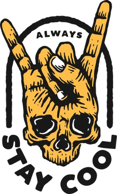 Hình minh họa bàn tay xương sọ màu vàng cam tạo dáng rock n roll với chữ Always Stay Cool trên nền xám.