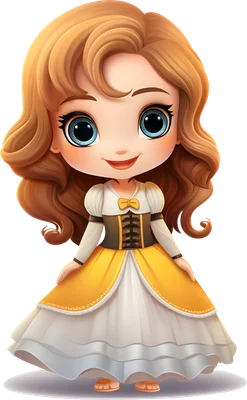 Hình ảnh cô bé hoạt hình chibi tóc nâu xoăn, mắt xanh to tròn, mặc váy vàng trắng và áo corset nâu, đứng mỉm cười.