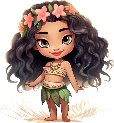 Hình ảnh nhân vật Moana phiên bản chibi đáng yêu, tóc xoăn đen, đội vòng hoa hồng, mặc trang phục truyền thống.