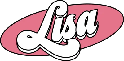 Chữ 'Lisa' viết tay theo phong cách retro, màu trắng viền đen, nằm trên nền hình oval màu hồng, trên nền xám.