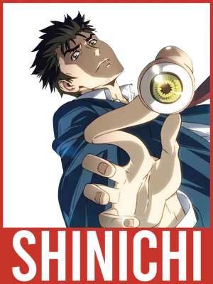 Nhân vật anime Shinichi Kanzaki với ánh mắt căng thẳng, cầm một con mắt trên tay.