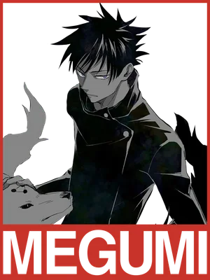 Hình ảnh anime Megumi Fushiguro với đôi mắt sắc lạnh và chú chó Shikigami bên cạnh.