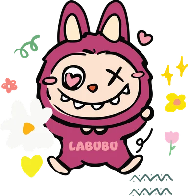 Hình vẽ Labubu màu hồng đáng yêu với đôi tai thỏ, một mắt hình trái tim, một mắt chữ X, và răng nanh nhọn, xung quanh có hoa và ngôi sao.