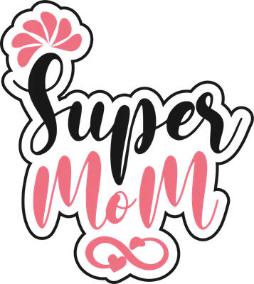 Chữ 'Super Mom' cách điệu màu đen và hồng, có họa tiết hoa và trái tim, viền đen.
