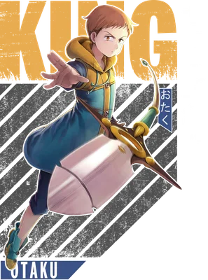 Hình ảnh nhân vật King từ anime The Seven Deadly Sins, mặc trang phục xanh vàng, cầm vũ khí.