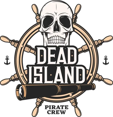 Hình minh họa đầu lâu cướp biển trắng trên bánh lái tàu gỗ, kèm ống nhòm và chữ Dead Island Pirate Crew.