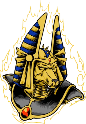 Hình minh họa thần Anubis đội mũ hoàng gia Ai Cập, có hào quang vàng bao quanh.