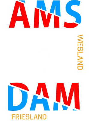 Thiết kế chữ AMSTERDAM với các mảnh ghép màu đỏ, xanh dương và trắng, có chữ WESTLAND và FRIESLAND.