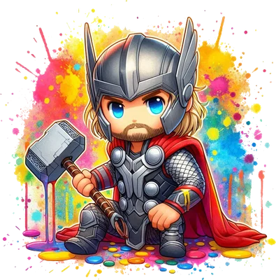 Hình ảnh Thor phiên bản chibi đáng yêu cầm búa Mjolnir, với nền là những vệt màu nước sặc sỡ và giọt sơn rơi.