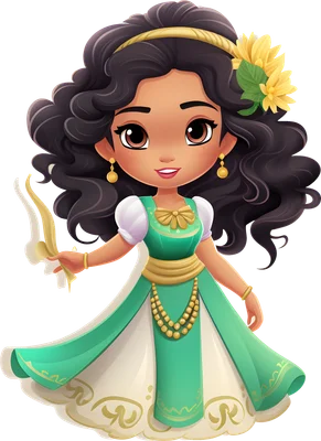 Hình ảnh cô gái hoạt hình chibi dễ thương, tóc xoăn đen, váy xanh ngọc, hoa vàng cài tóc, nền xám trơn.