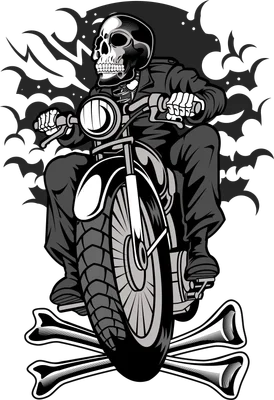 Hình minh họa đầu lâu lái xe mô tô với xương chéo phong cách biker đen trắng