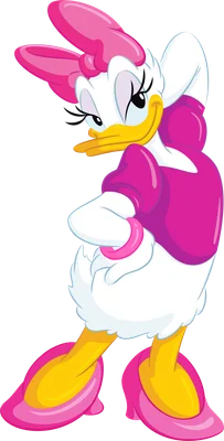 Hình ảnh nhân vật hoạt hình Daisy Duck của Disney tạo dáng tự tin với áo hồng, nơ hồng và giày hồng.