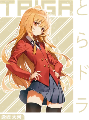 Hình ảnh minh họa nữ sinh anime tóc vàng dài, mặc đồng phục học sinh đỏ và xanh, đứng tạo dáng.