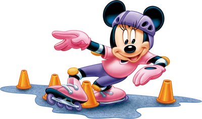 Minnie Mouse hoạt hình đội mũ bảo hiểm tím, mặc đồ hồng tím, đang trượt patin giữa các cọc tiêu màu cam.