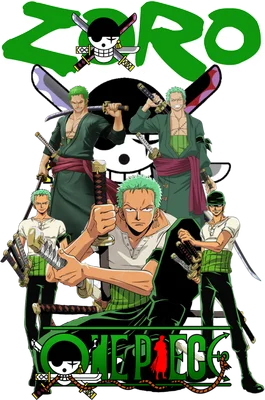 Hình ảnh Roronoa Zoro từ One Piece với nhiều phiên bản và thanh kiếm, logo One Piece.